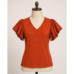 Mainbocher Silk Blend  V-Neck Sweater Medium Burnt Orange Flutter Sleeve NWT